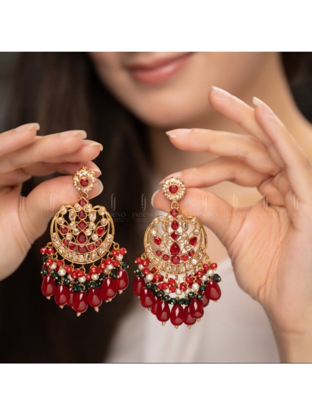 Pakistani Indian Desi Gold-tone kundn Chandbali Earrings with Red and Teal Beads